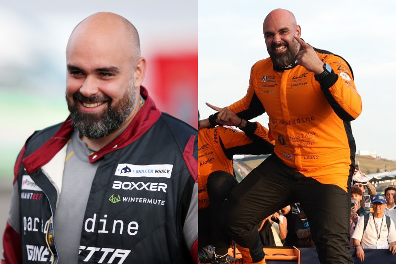 two photographs of Darren Leung in racing gear